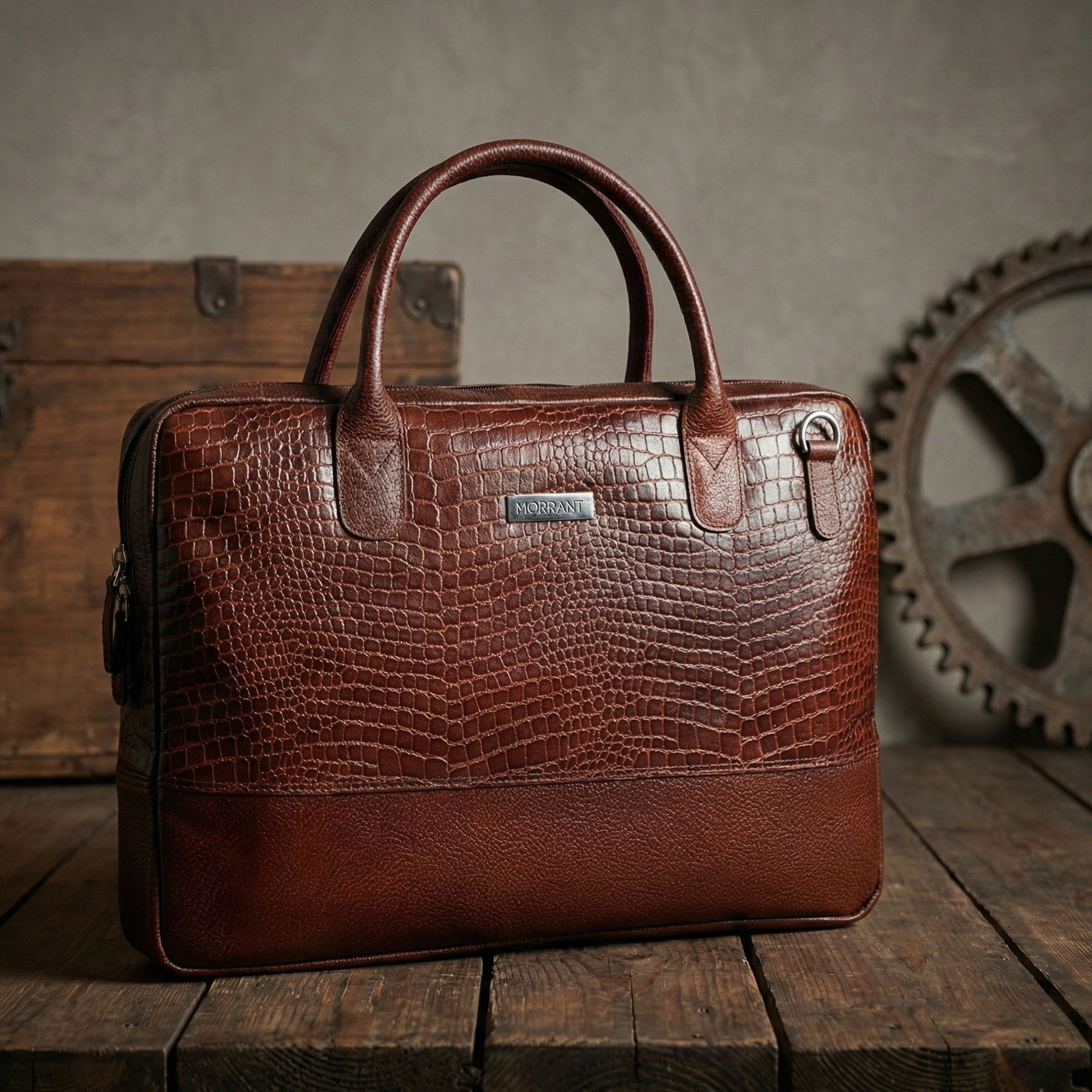 Brown Crocodile-Patterned Leather Laptop Bag