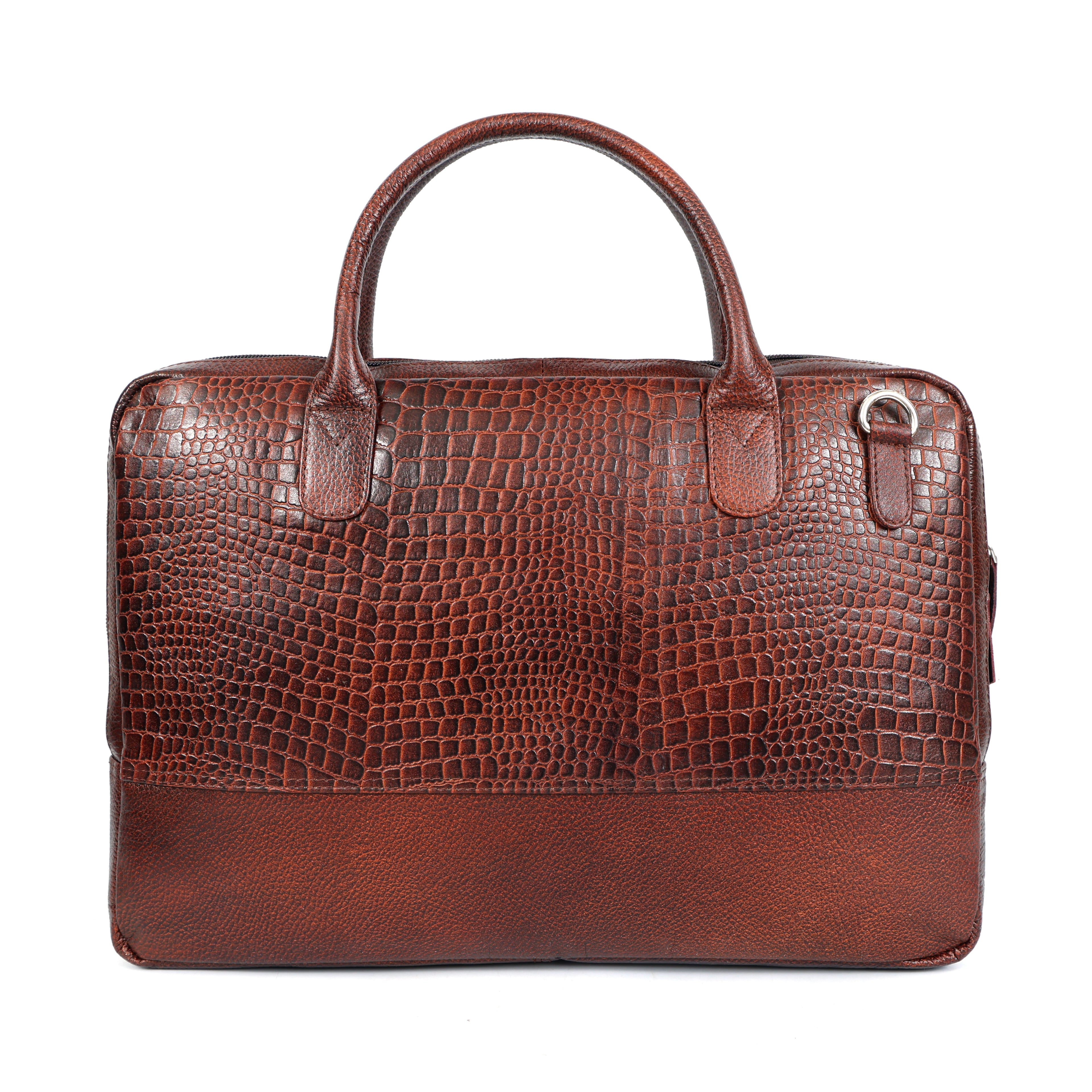 Brown Crocodile-Patterned Leather Laptop Bag