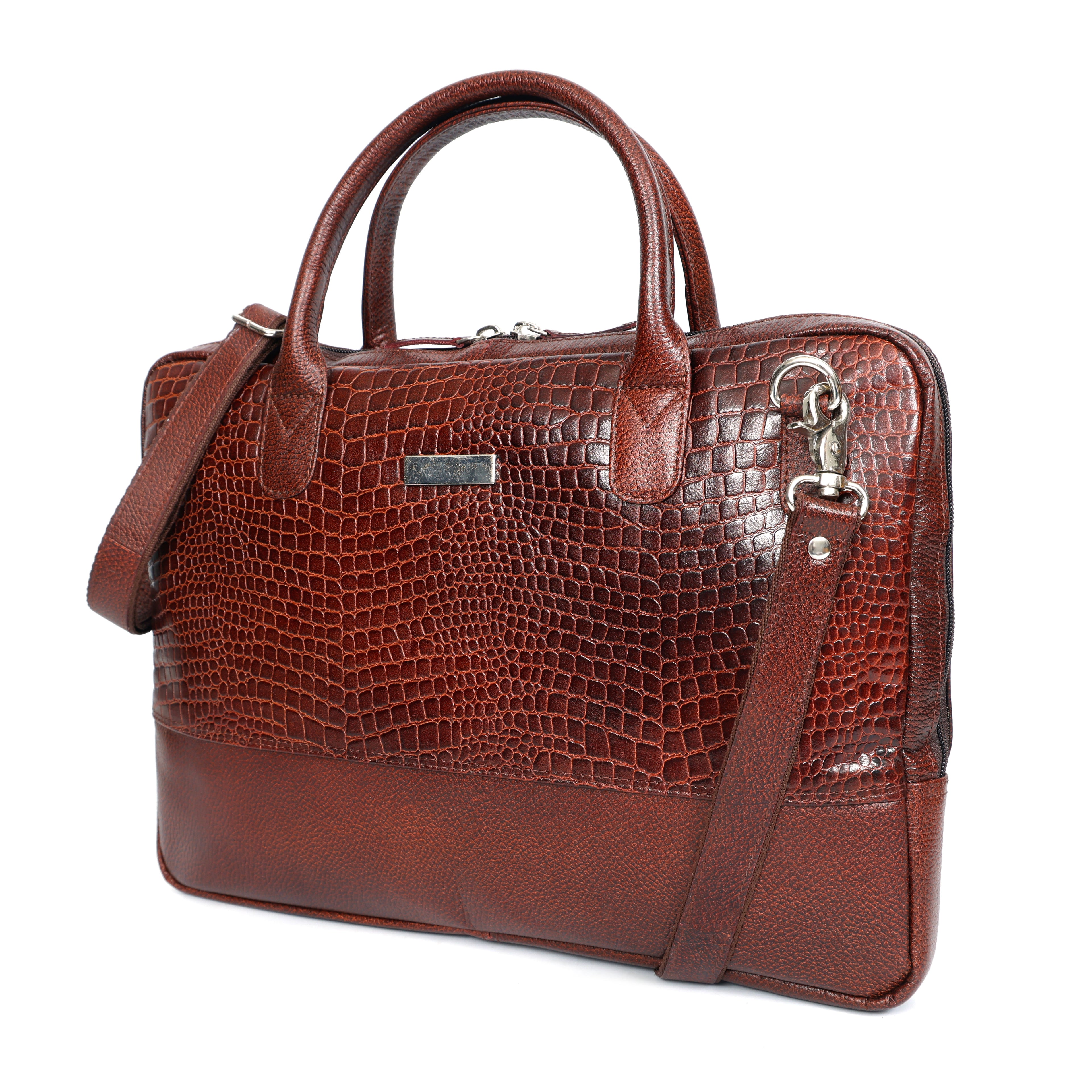 Brown Crocodile-Patterned Leather Laptop Bag