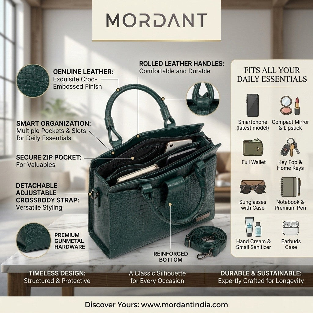 Women’s Green Crocodile Embossed Leather Handbag | MORDANT