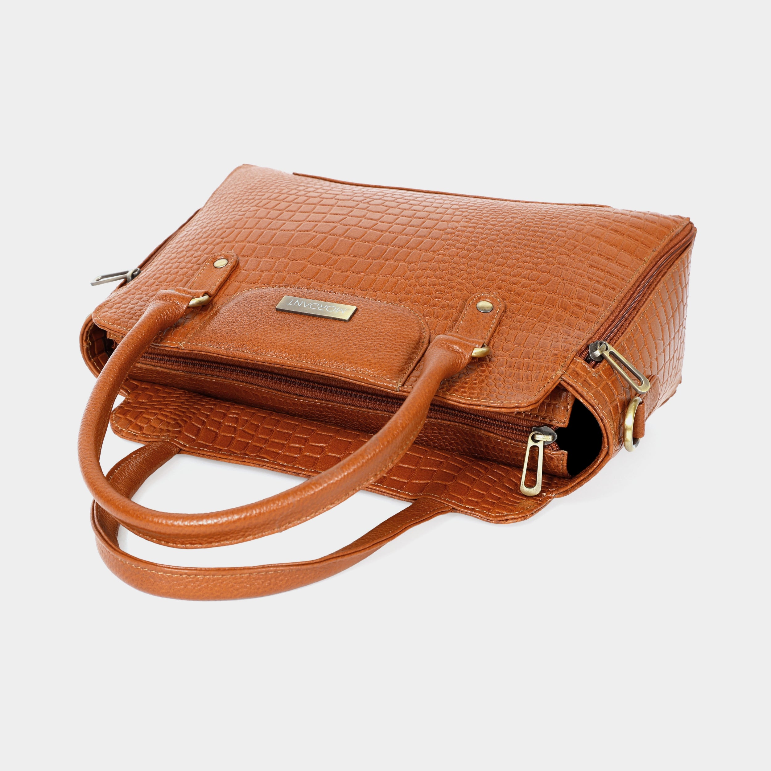Mordant Tan Croco Embossed Leather Handbag for Women – Structured Tote & Crossbody Bag