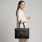 Premium Black Genuine Leather Laptop Tote Bag for Women | Elegant Croc-Textured Work Handbag | Mordant