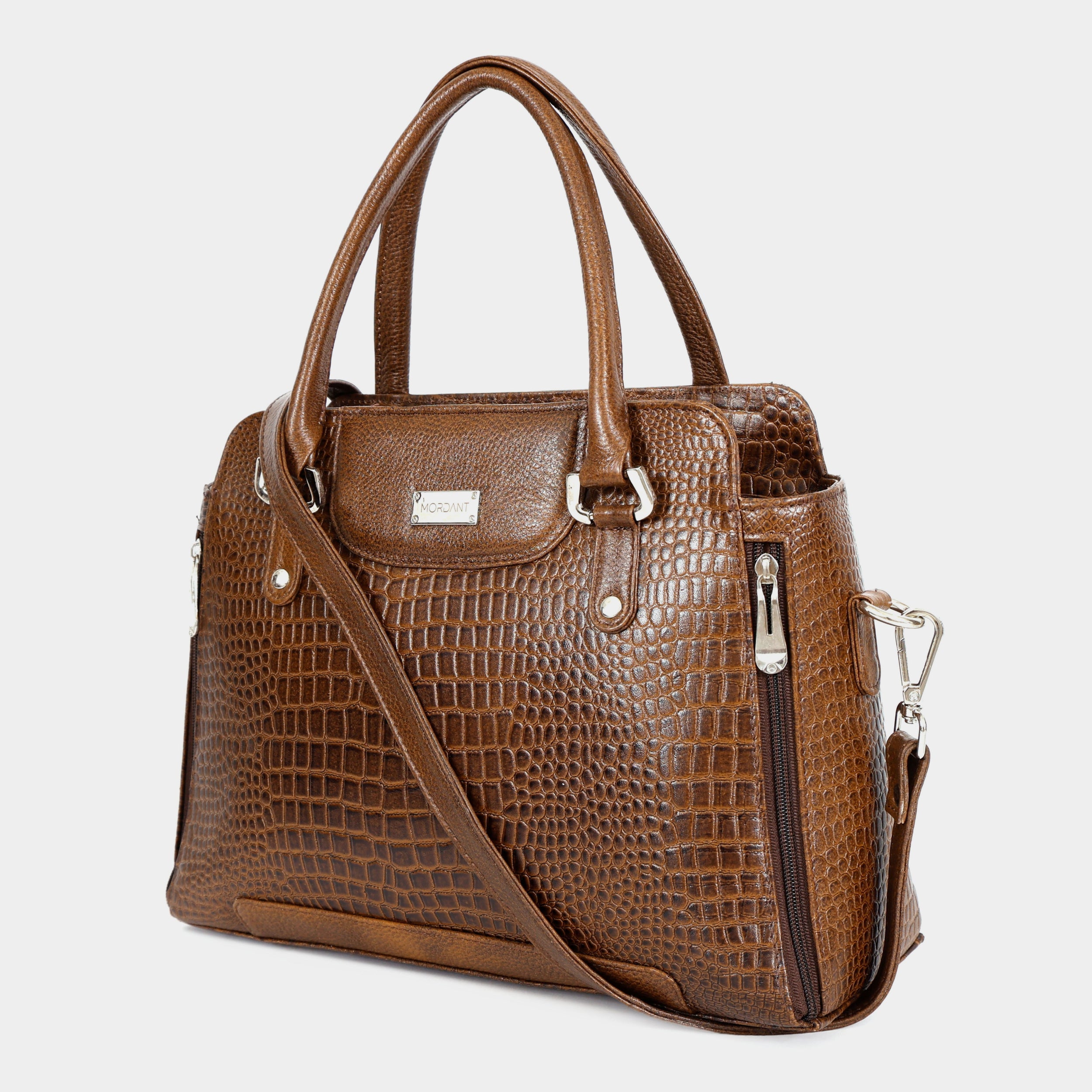 Mordant Walnut Brown Croco Embossed Leather Handbag for Women – Structured Tote & Crossbody Bag