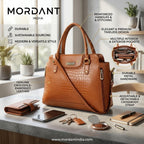 Mordant Tan Croco Embossed Leather Handbag for Women – Structured Tote & Crossbody Bag
