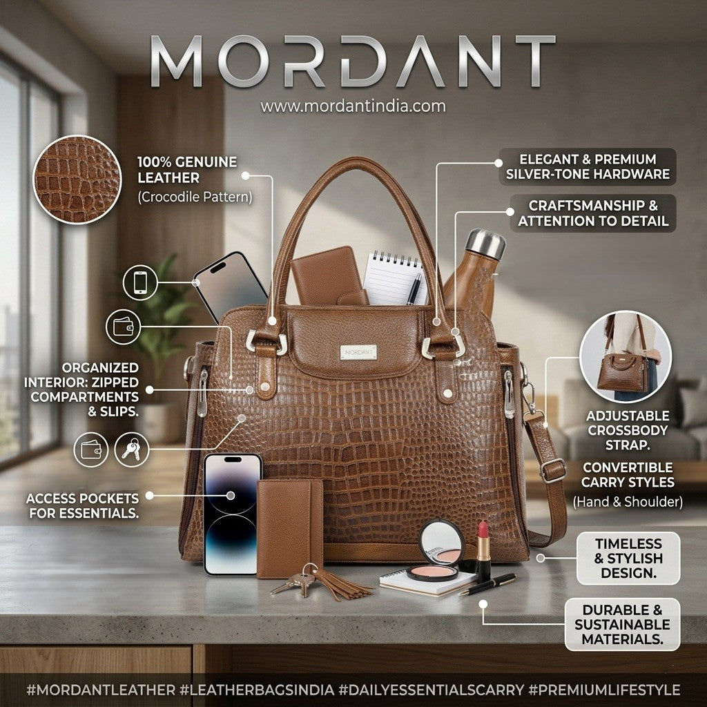 Mordant Walnut Brown Croco Embossed Leather Handbag for Women – Structured Tote & Crossbody Bag