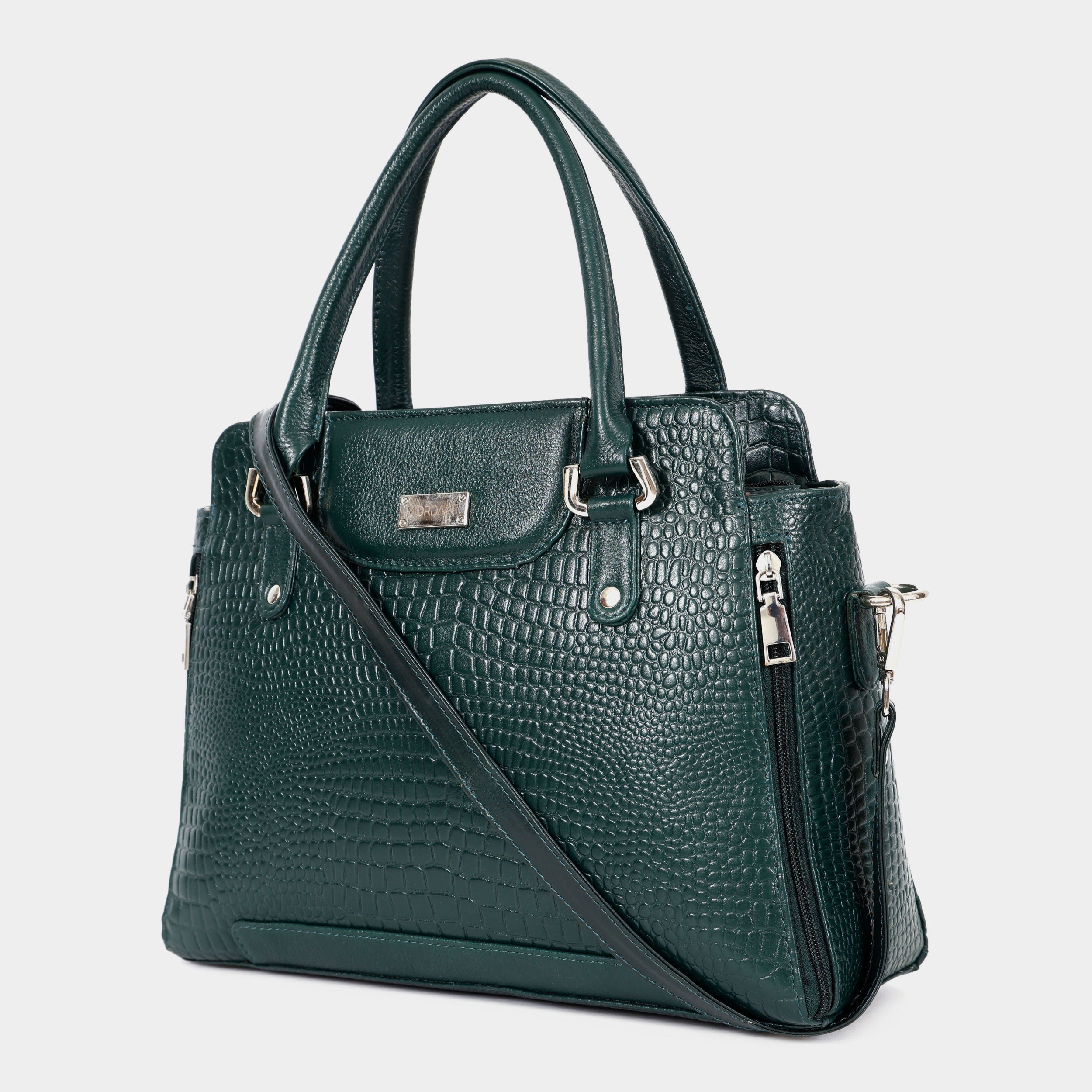 Mordant Green Croco Embossed Leather Handbag for Women – Structured Tote & Crossbody Bag