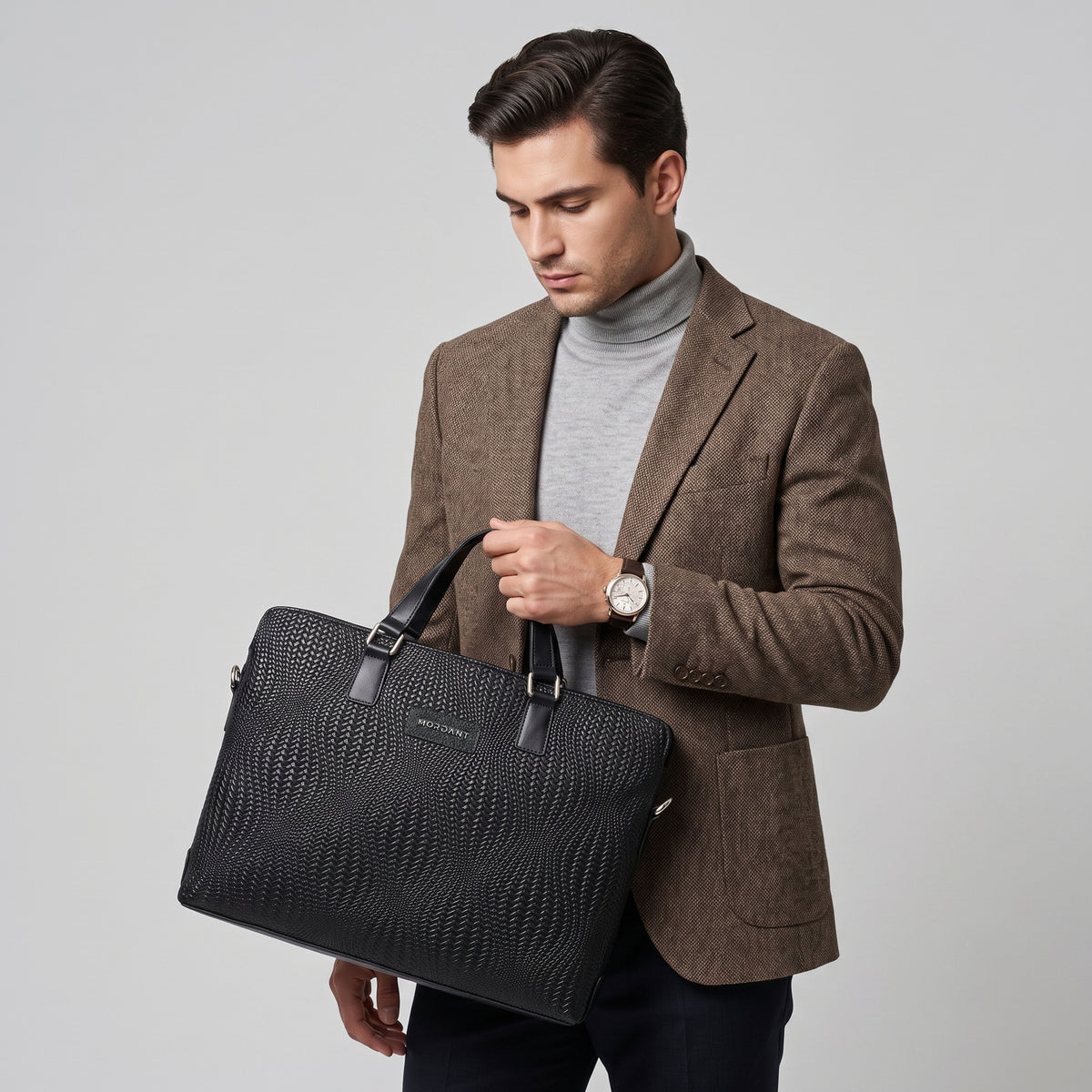 Genuine Leather high end Woven Office Laptop Bag Black MORDANT