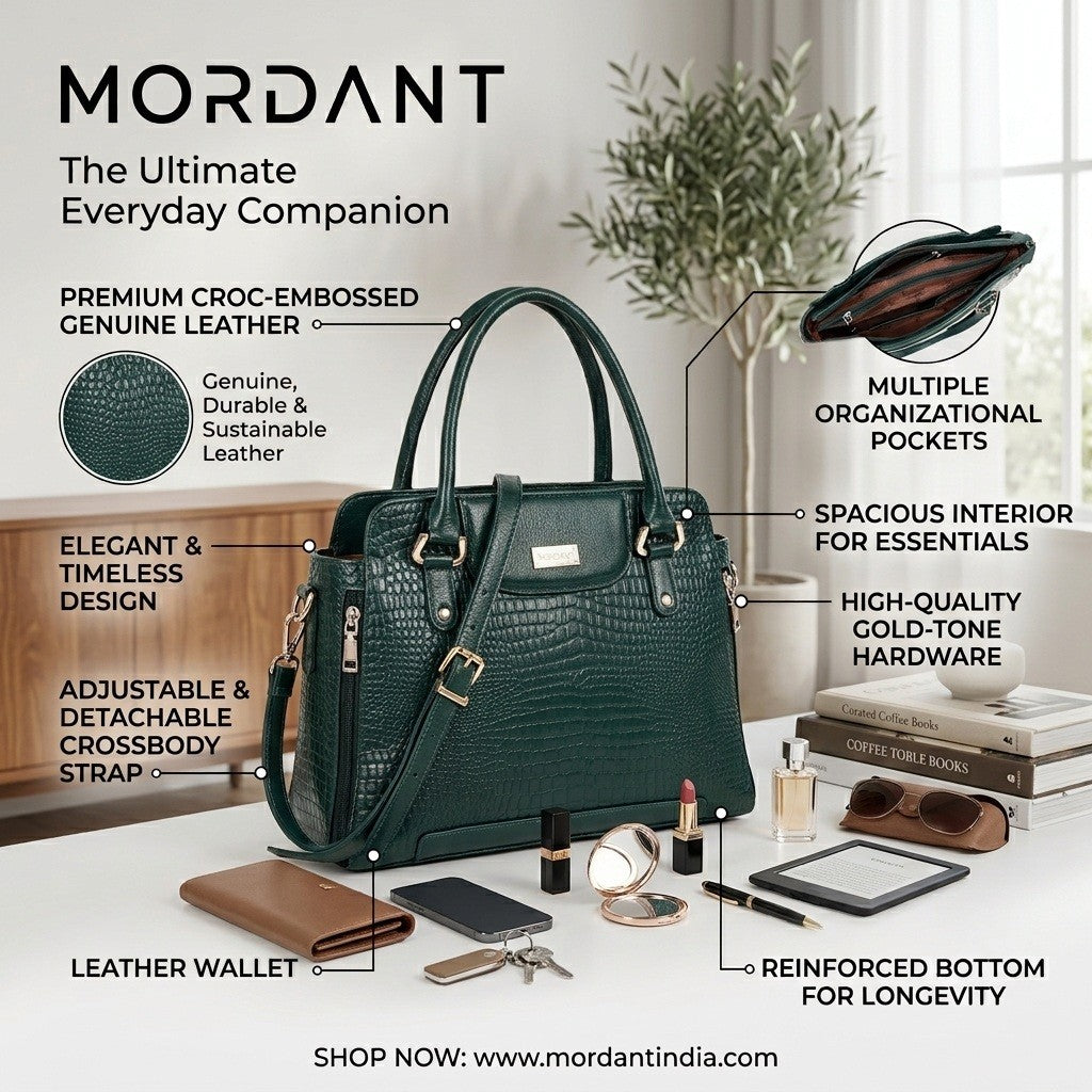 Mordant Green Croco Embossed Leather Handbag for Women – Structured Tote & Crossbody Bag