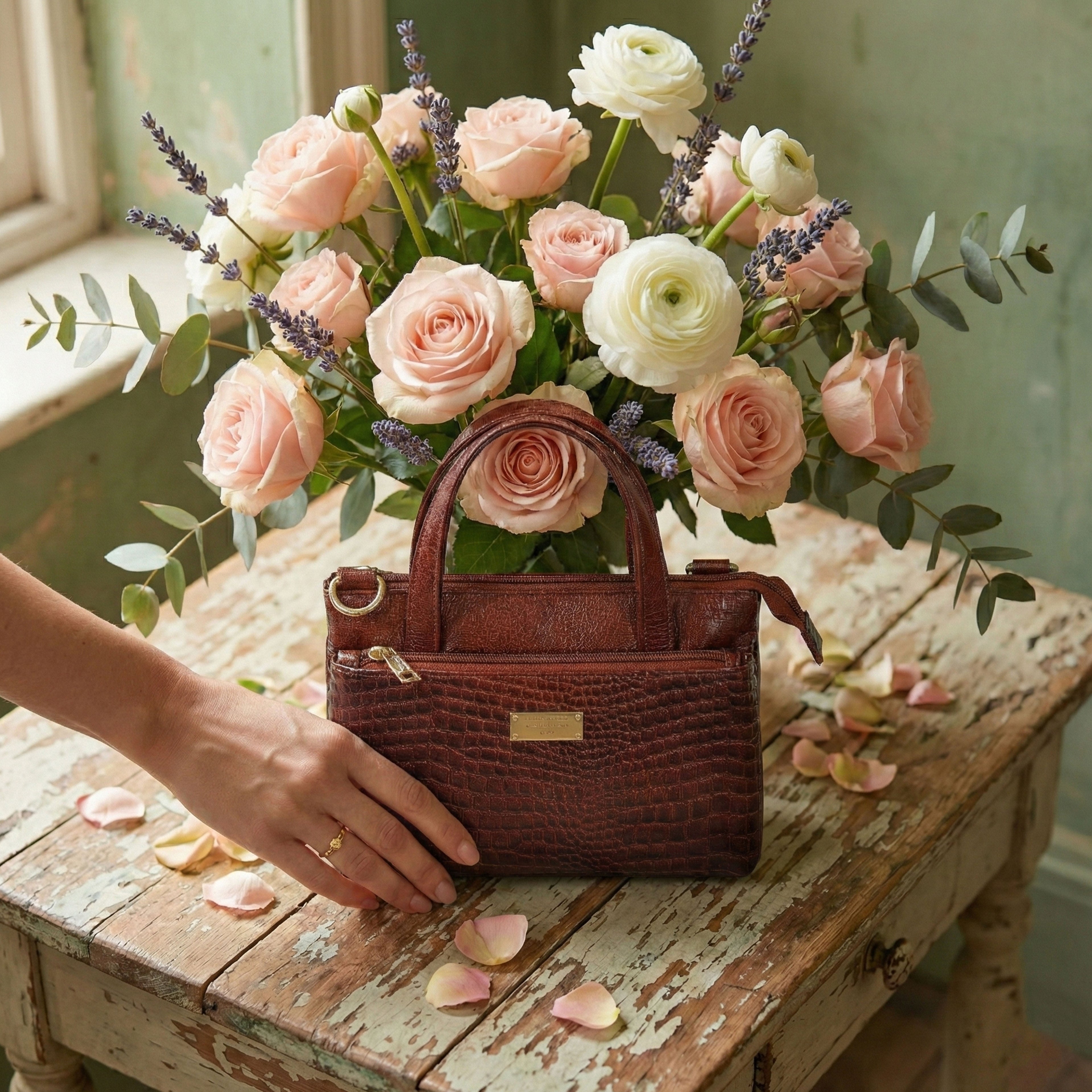 Croco Textured Leather Handbag For Women's