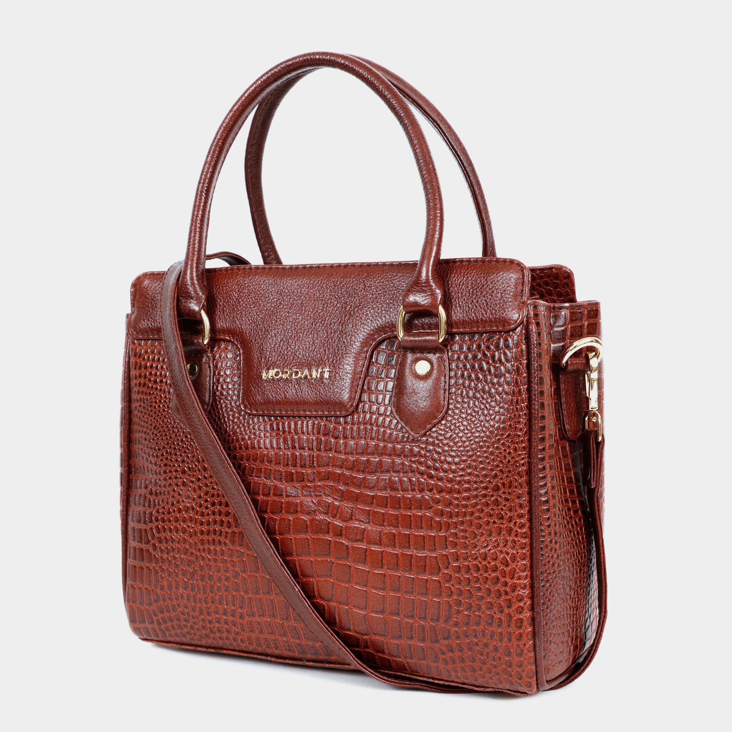 MORDANT Premium Brown Genuine Leather Croco Texture Handbag for Women