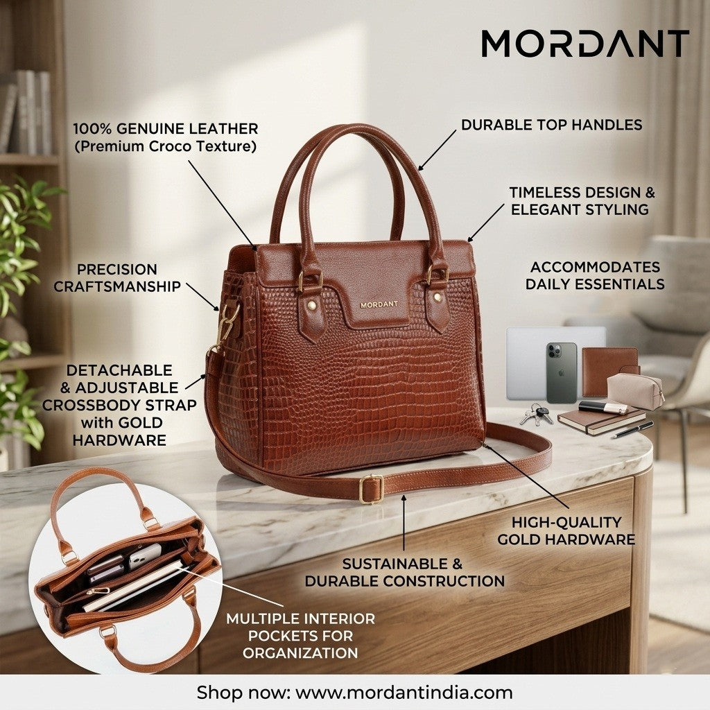 MORDANT Premium Brown Genuine Leather Croco Texture Handbag for Women