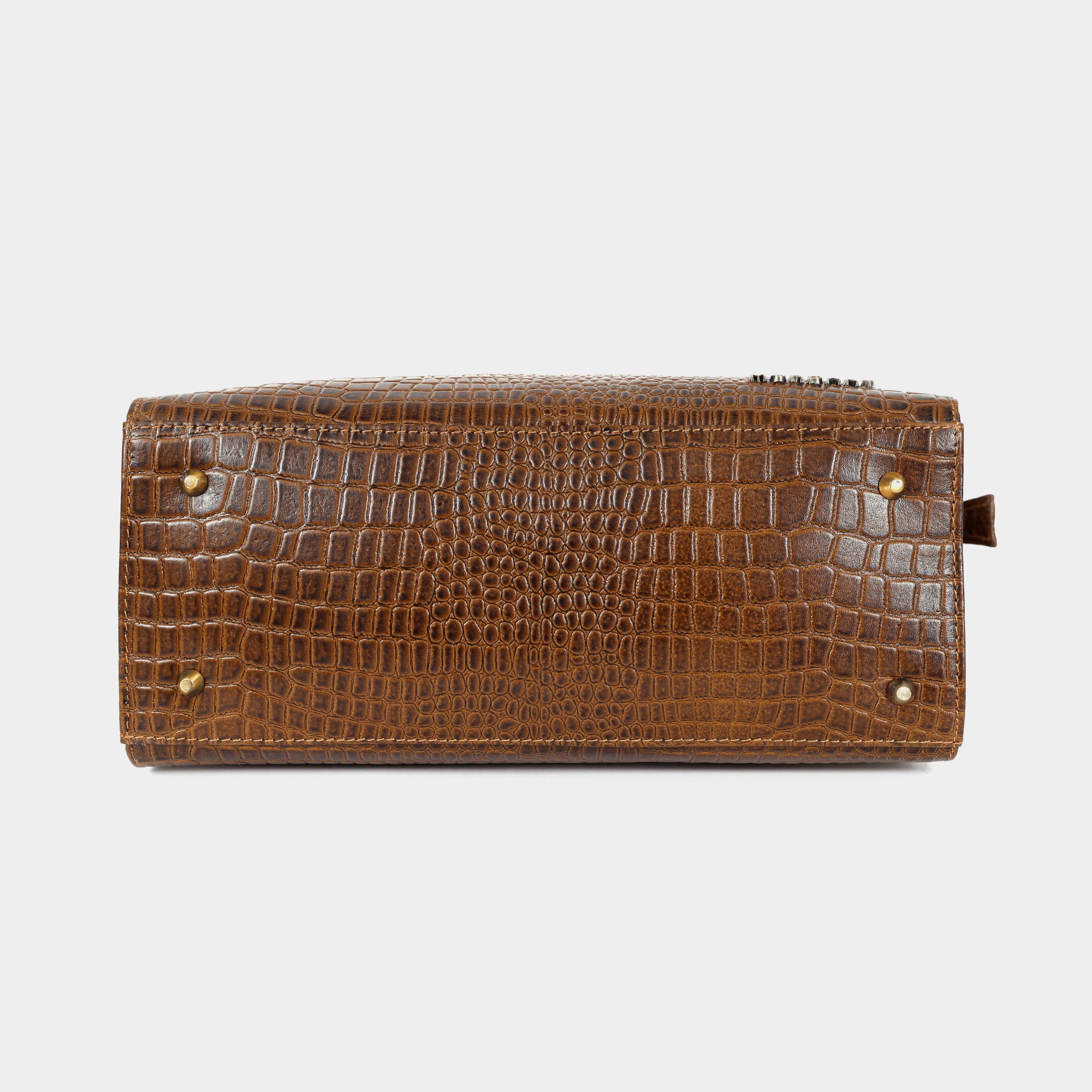 Women’s Walnut Brown Crocodile Embossed Leather Handbag | MORDANT