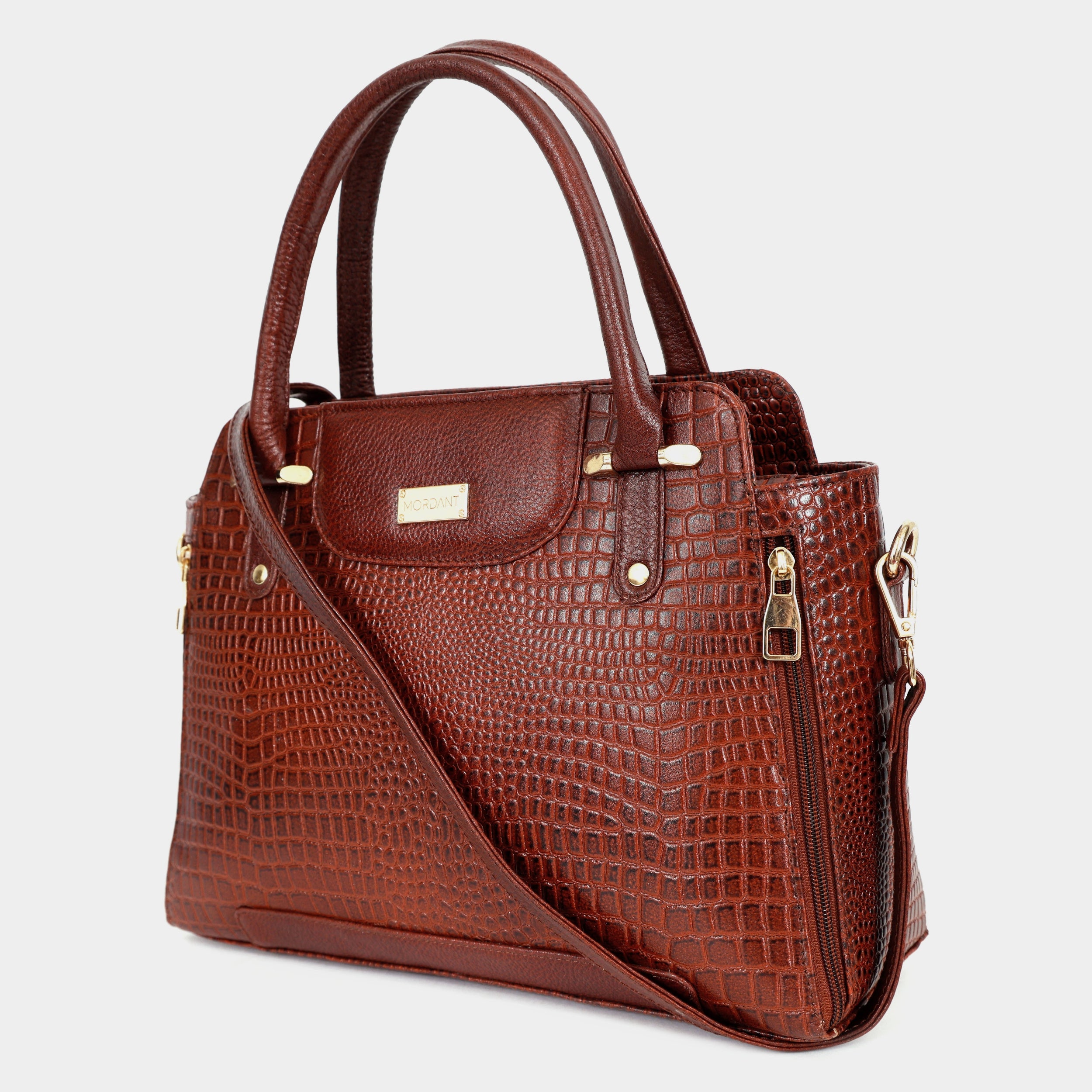 Mordant Brown Croco Embossed Leather Handbag for Women – Structured Tote & Crossbody Bag