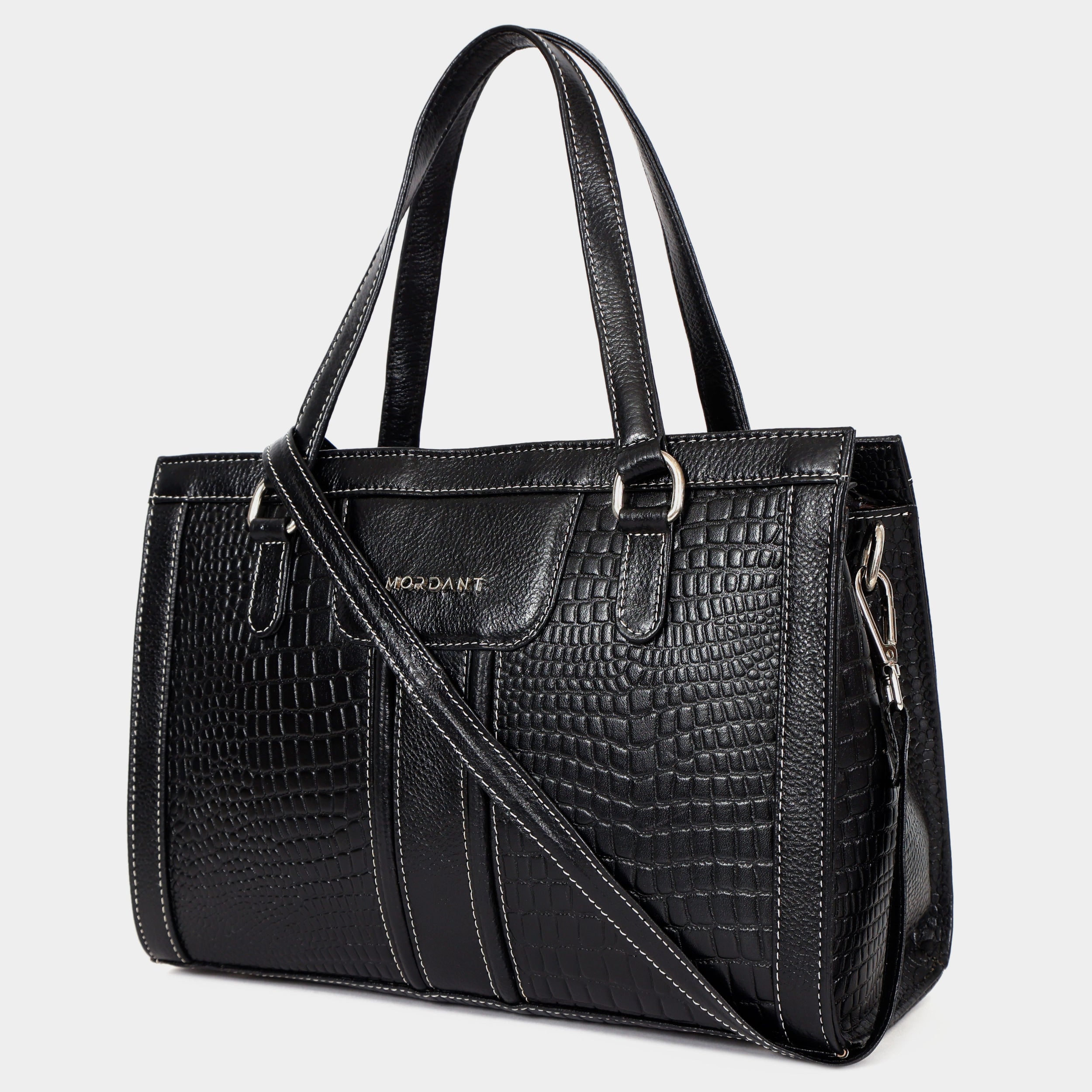 MORDANT Black Croco Texture Leather Handbag for Women