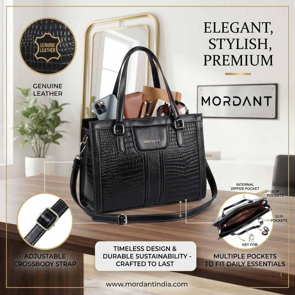 MORDANT Black Croco Texture Leather Handbag for Women