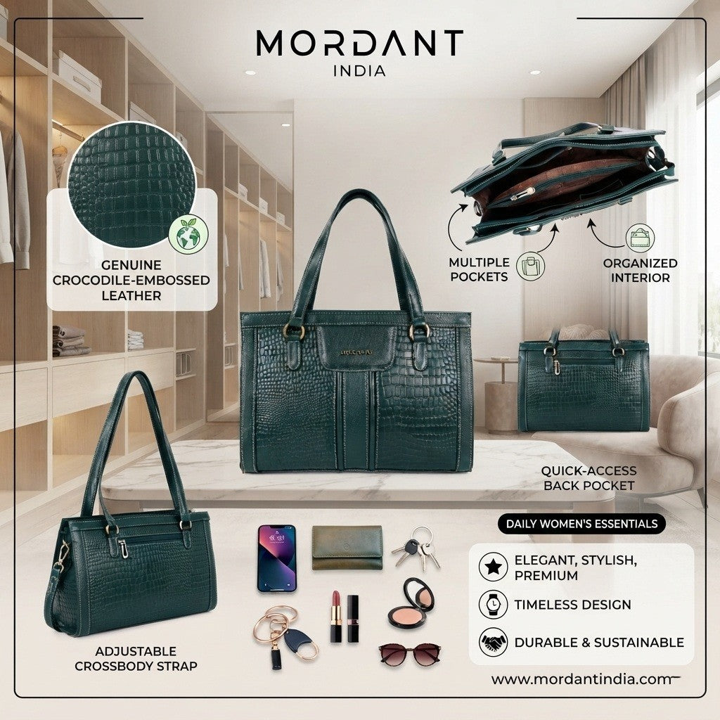 MORDANT Green Croco Texture Leather Handbag for Women