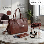 MORDANT Brown Croco Texture Leather Handbag for Women