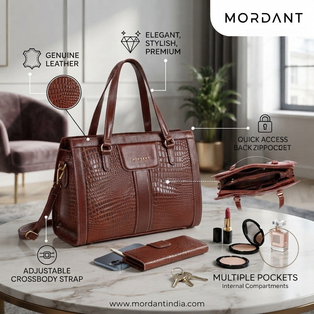 MORDANT Brown Croco Texture Leather Handbag for Women