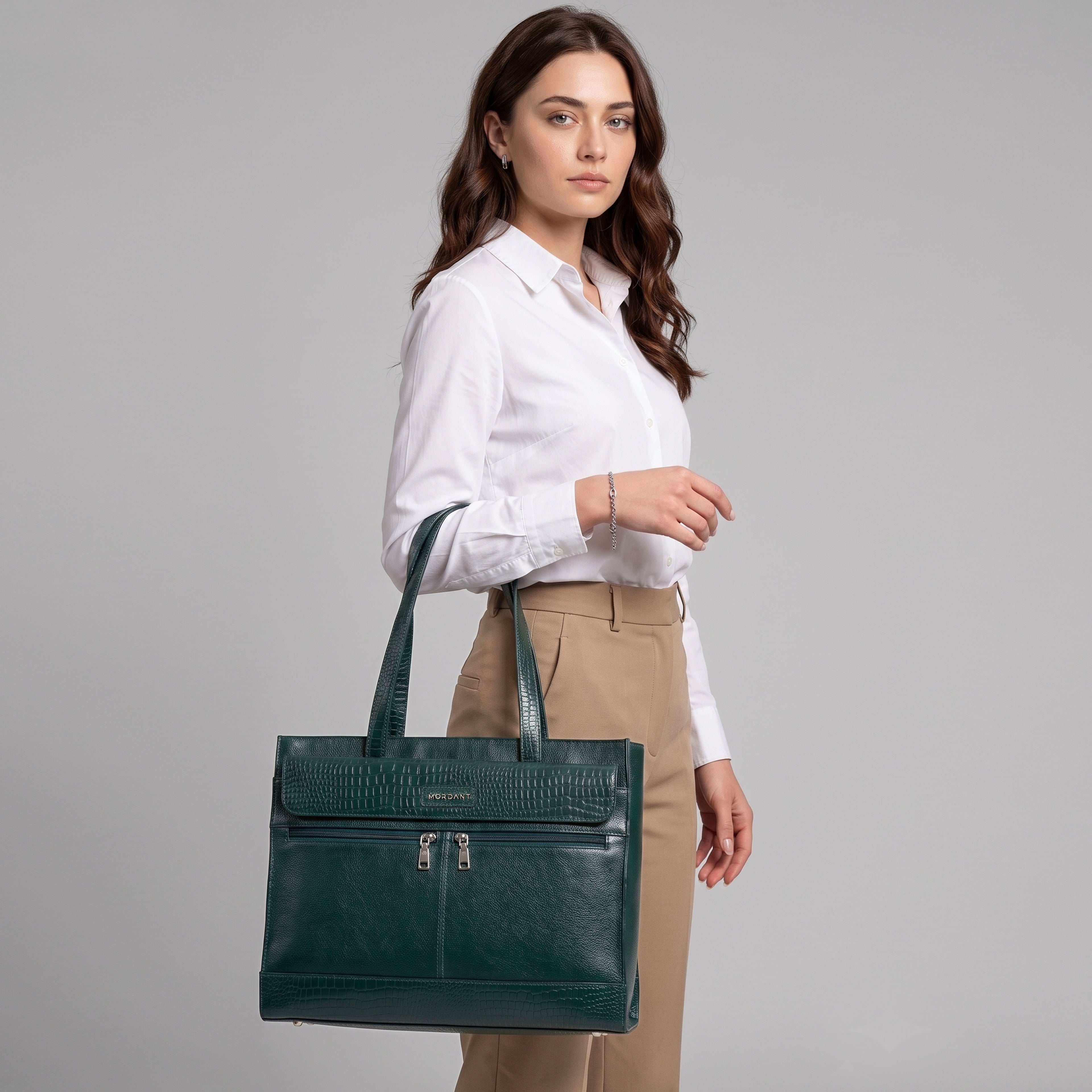 Premium Green Genuine Leather Laptop Tote Bag for Women | Elegant Croc-Textured Work Handbag |Mordant