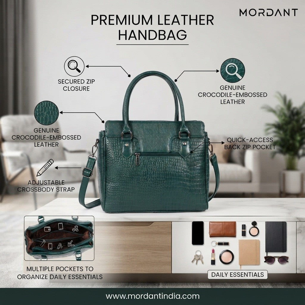 MORDANT Premium Green Genuine Leather Croco Texture Handbag for Women
