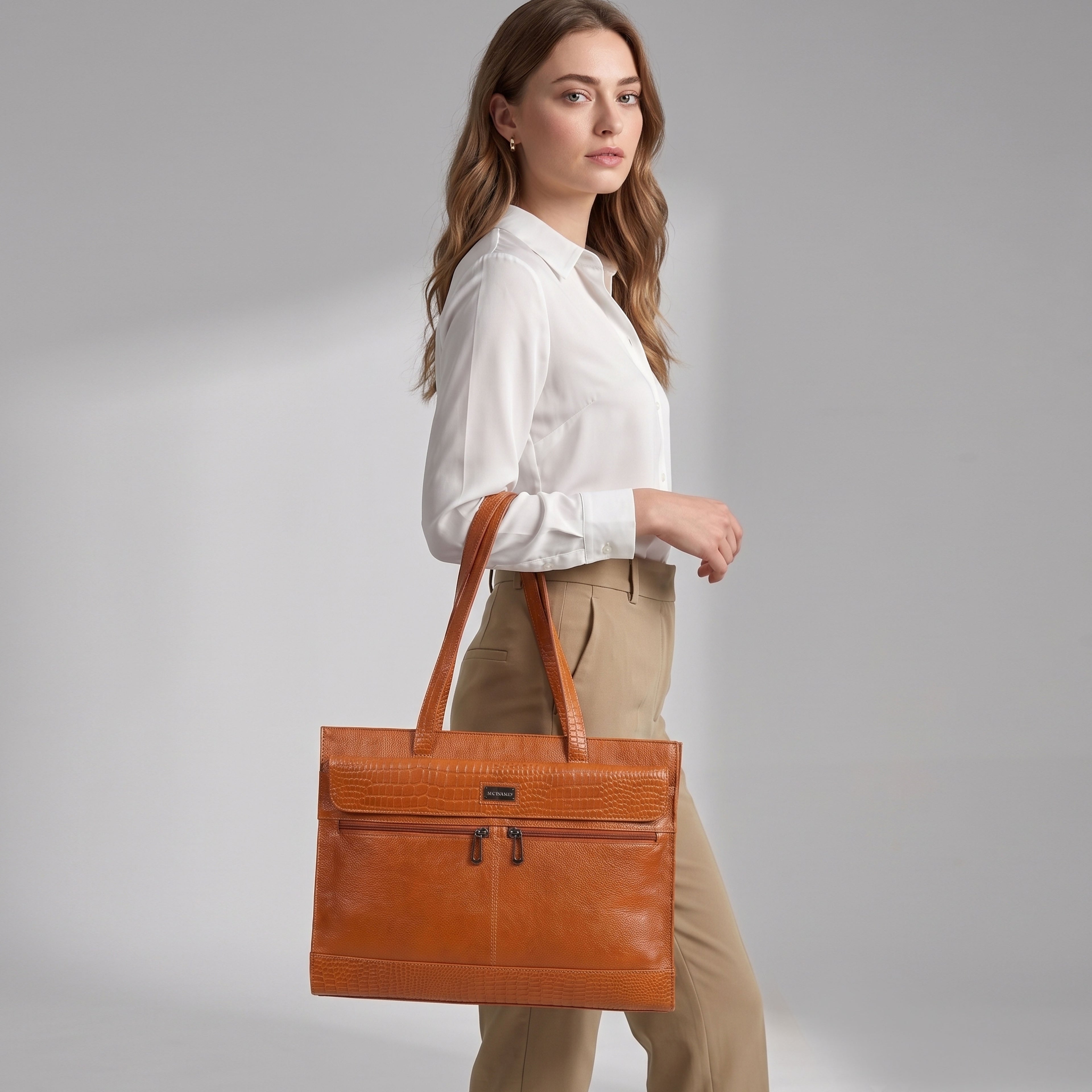 Premium Tan Genuine Leather Laptop Tote Bag for Women | Elegant Croc-Textured Work Handbag | Mordant g