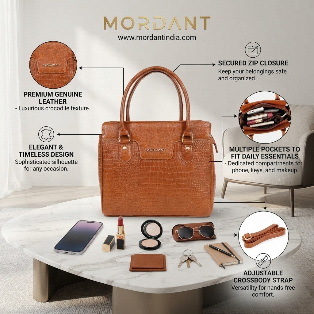MORDANT Premium Tan Genuine Leather Croco Texture Handbag for Women
