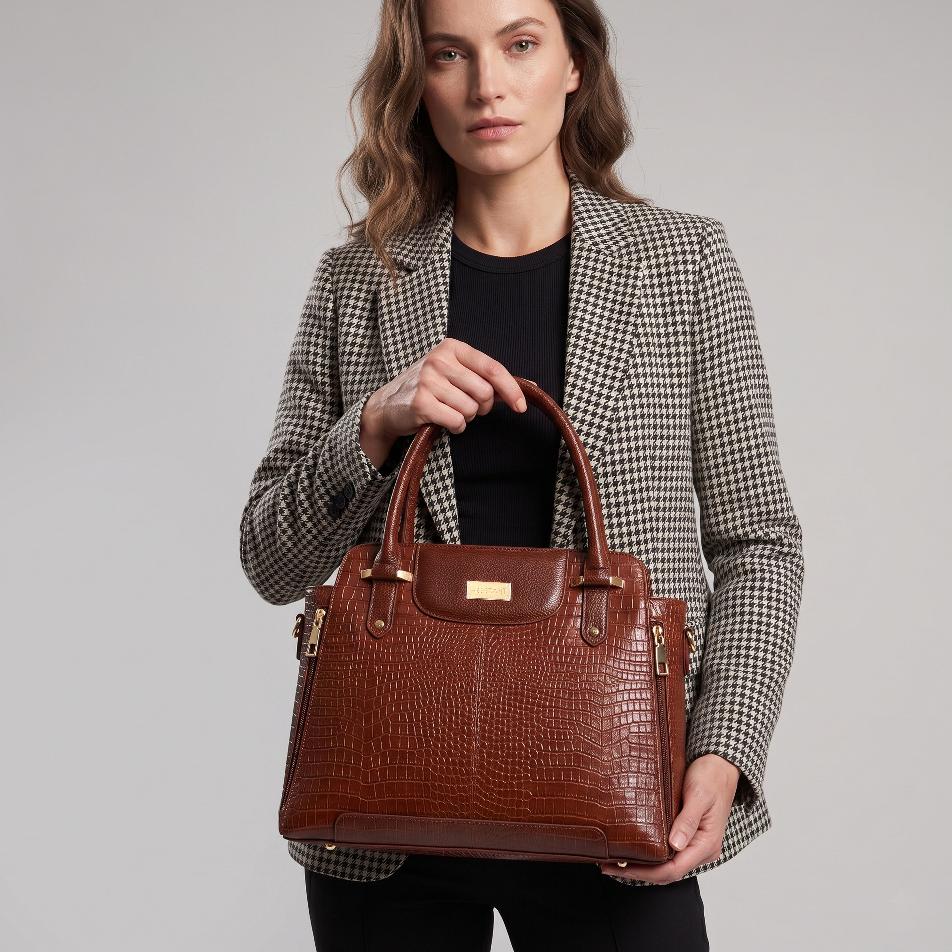Mordant Brown Croco Embossed Leather Handbag for Women – Structured Tote & Crossbody Bag
