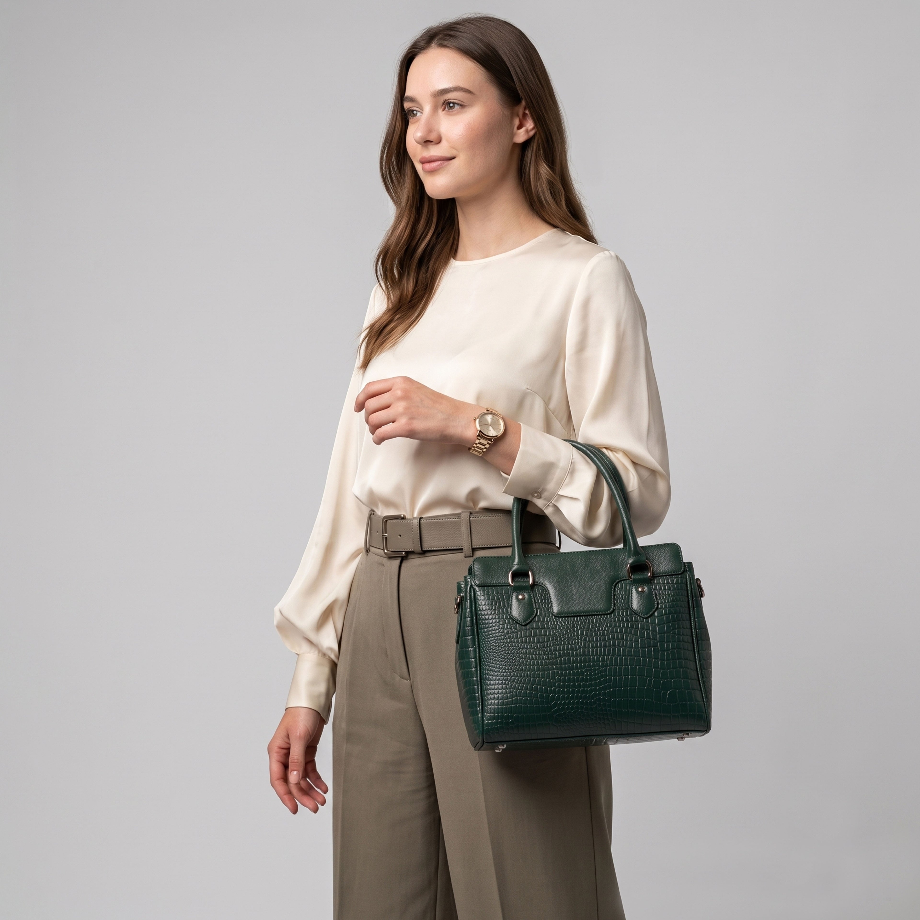 MORDANT Premium Green Genuine Leather Croco Texture Handbag for Women