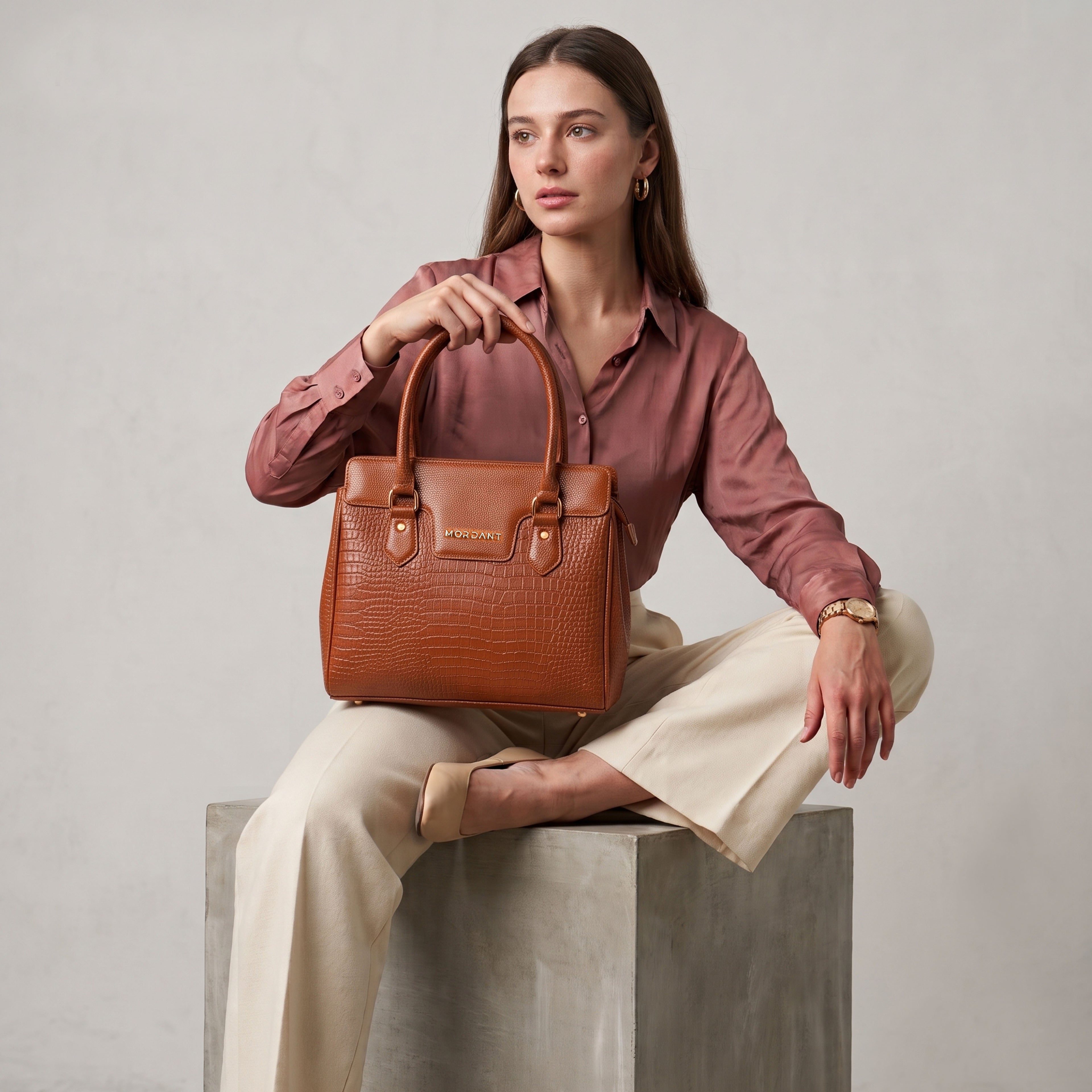 MORDANT Premium Tan Genuine Leather Croco Texture Handbag for Women