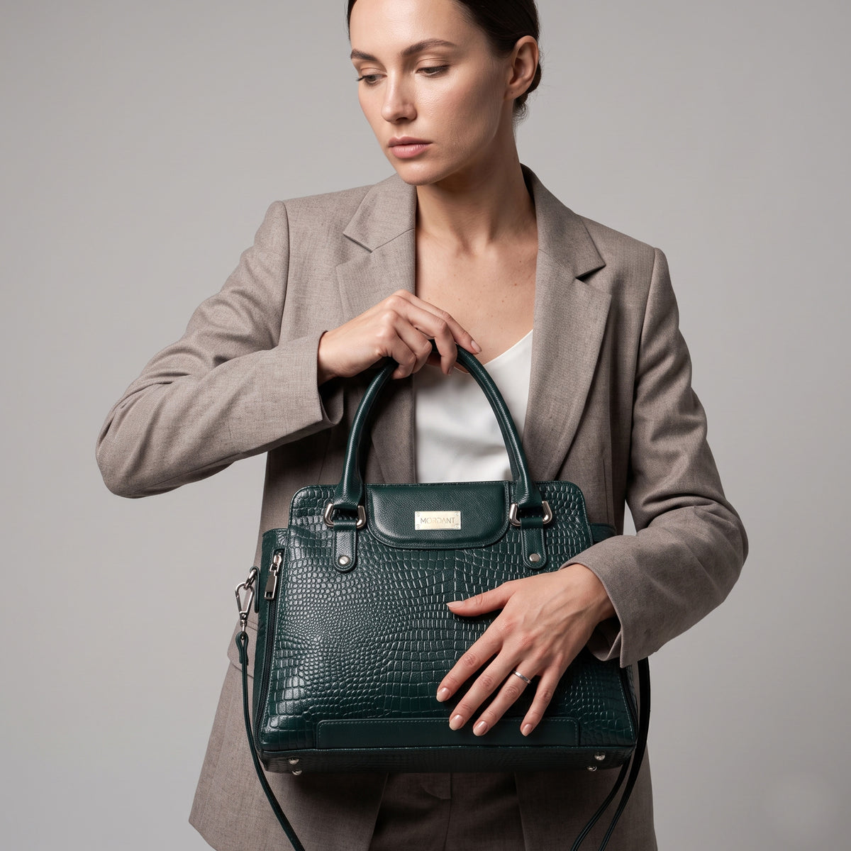 Mordant Green Croco Embossed Leather Handbag for Women – Structured Tote & Crossbody Bag