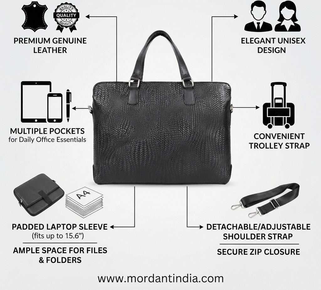 Genuine Leather high end Woven Office Laptop Bag Black MORDANT